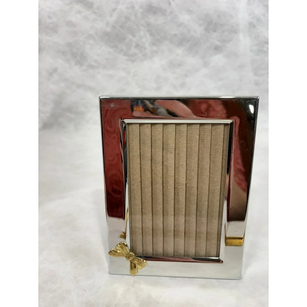 Vintage Silver Tone Picture Frame Gold Bow Accent 3.5x5 Tabletop Wall Hanging